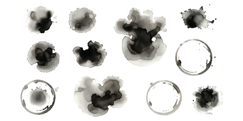 Set of black watercolor ink splashes and coffee cup stains ©  creative  marlia