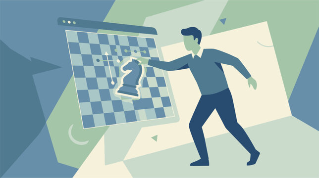 Virtual Chess Coaching Illustration with Digital Board, Strategic Arrows, and Remote Education Interface for Online Tutoring Sessions and Competitive Strategy Training.