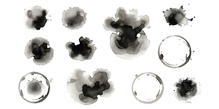 Set of black watercolor ink splashes and coffee cup stains
