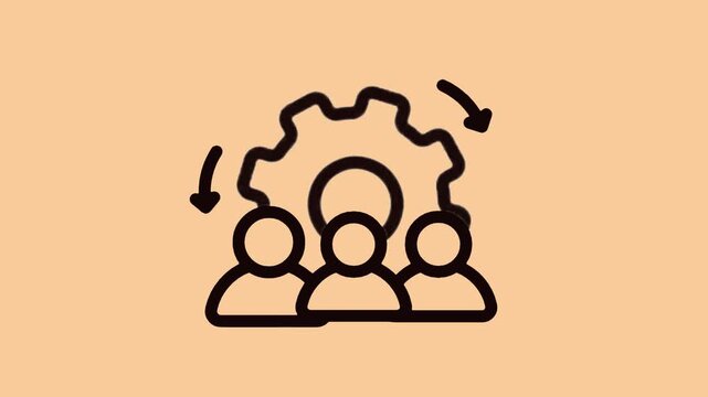 Rotating gear icon above human silhouettes representing team collaboration and mechanical synchronization in this smooth motion animation footage designed for corporate presentations and professional 