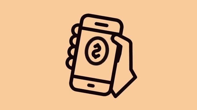 Hand holding a mobile phone displaying a dollar currency symbol for online financial transactions in this simple minimalist black line art motion graphic animation clip on a soft peach background.