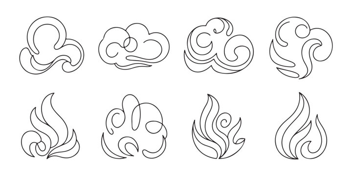 Set of outlined smoke and fire swirl illustrations, vector line art for design element on transparent background.
