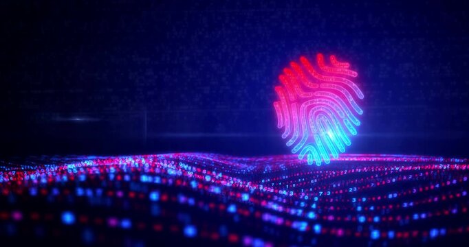 Fingerprint biometric identity and security protection symbol on digital waves. Abstract icon over digital sea and flowing cyber waves background animation.