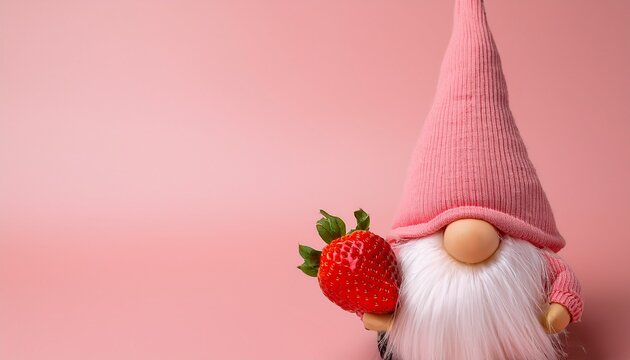 Close-up of Summer pink gnome with strawberries on pink background with lateral copy space