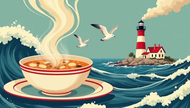 Vintage illustration of hot clam chowder bowl on stormy sea background. Retro poster style art with lighthouse, seagulls above ocean waves. Fresh seafood soup meal concept for coastal restaurant menu