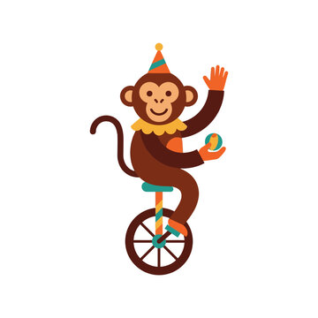 Circus monkey riding unicycle, wearing party hat, balancing ball, waving hand, vector illustration
