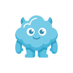 Naklejka premium Cute cartoon cloud monster with horns, smiling, blue and white, isolated on white background