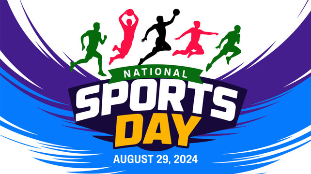 National Sports Day with silhouetted athletes and date on abstract Transparent Background