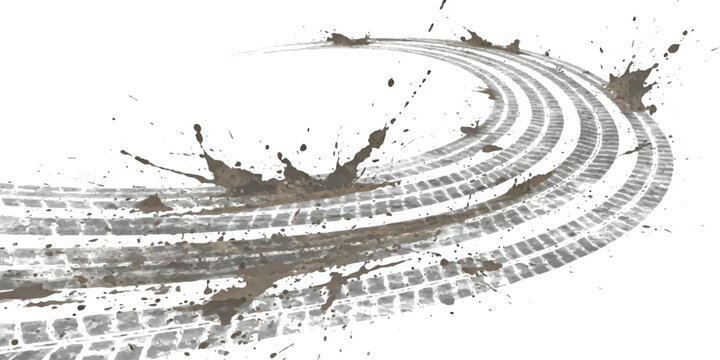 Black tire tracks with mud splashes forming a sharp turn on the ground