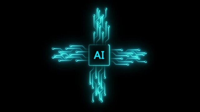 Artificial intelligence CPU chip concept with glowing digital circuitry network animation on black background