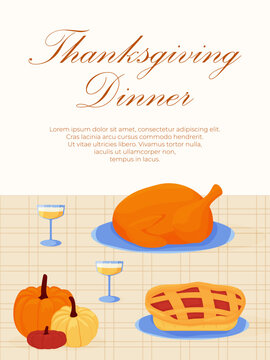 Thanksgiving Dinner invitation template with roasted turkey, pie, pumpkins, and wine glasses on a plaid table