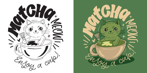 Fototapeta premium Matcha lover club. Color hand drawn doodle matcha art.