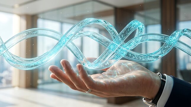 Man holding glowing blue digital helix structure above palm hand finger ring wrist watch strap light glow spiral transparent.