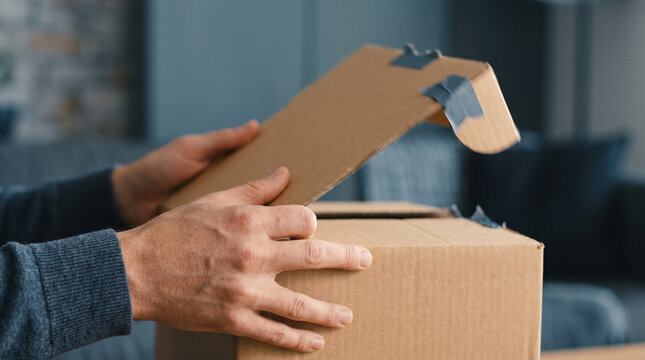 Hands opening cardboard parcel box