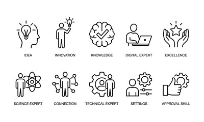 Obraz premium Knowledge skills innovation idea digital expert excellence science connection technical settings approval outline vector for educational platform e-learning software technology startup presentation.