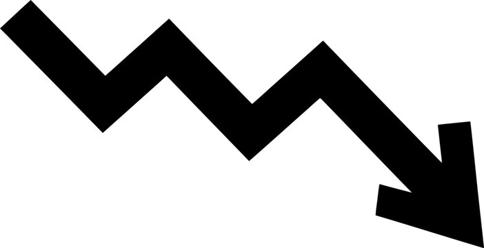 Sharp black zigzag arrow pointing downwards indicating a steep decline or Transparent Background