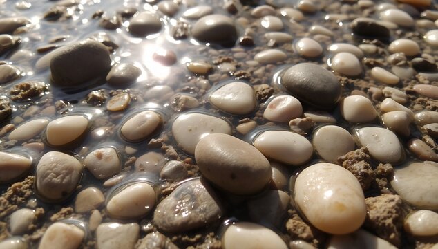 Smooth pebbles reflecting sunlight on wet shoreline