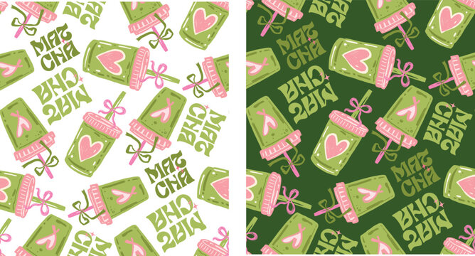 Matcha lover club. Color hand drawn doodle matcha art.
