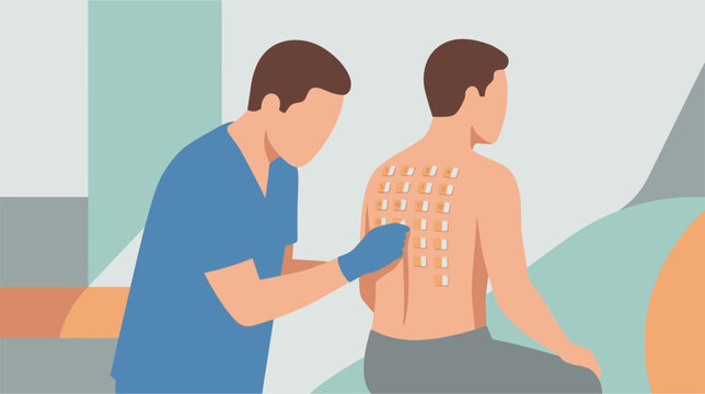 Medical professional applying an allergy patch test on a patient's back to identify specific allergens, showing the grid of adhesive patches for diagnostic testing in a clinical setting.