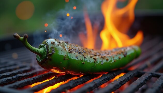 Green jalapeno pepper roasts on black metal grill grate over bright orange fire flames. Vegetable skin blisters from intense heat during outdoor cooking process. Hot chili burns with smoke, sparks.