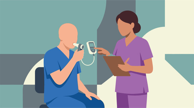 Medical vector illustration of a respiratory spirometry test procedure showing a person using a handheld spirometer to measure lung function, breath capacity, and airflow volume.