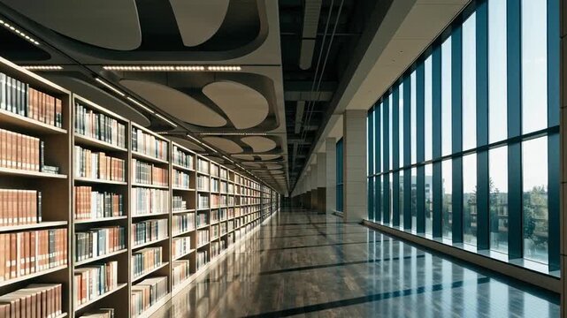 Modern library interior with bookshelves. Contemporary university study hall architecture.