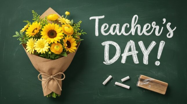Teacher's Day green chalkboard background with beautiful sunflower bouquet wrapped in craft paper, white chalk text lettering, chalk sticks, and wooden eraser duster from top view