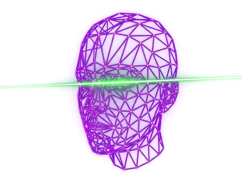 Abstract face outline with neon purple vertices on white background