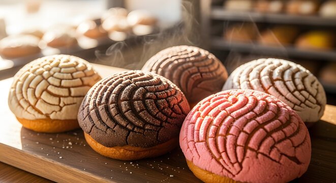 Conchas sweet breads sit on a rustic wooden board with soft morning light and warm steam rising up.