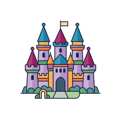 Fototapeta premium Colorful Cartoon Castle Illustration with Towers and Flags, Fairytale Landmark