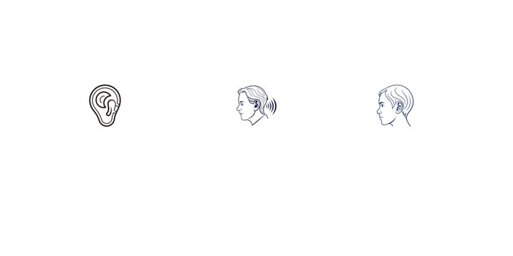 Hearing aid icons set with profile silhouette and ear symbol for auditory health concept.