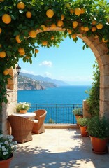 Obraz premium Mediterranean stone terrace features wicker chairs, table under lemon tree archway. Scenic view over blue sea water, sunny coastal hills landscape. Tranquil outdoor patio provides luxury vacation