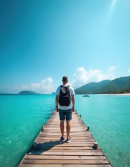 Fototapeta premium Young man with backpack stands on wooden pier overlooking turquoise tropical ocean water. Traveler explores coastal scenic destination during bright sunny summer vacation trip. Male tourist enjoys