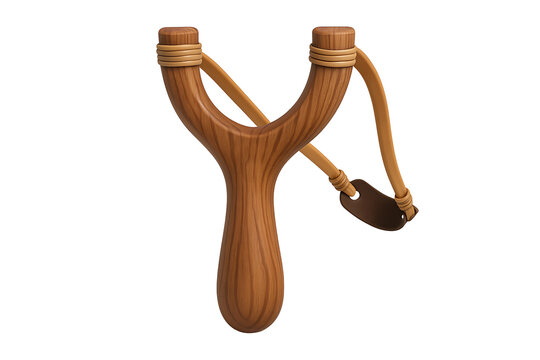 Traditional wooden Y shaped slingshot catapult toy with rubber band and leather pocket isolated on a solid white studio background.