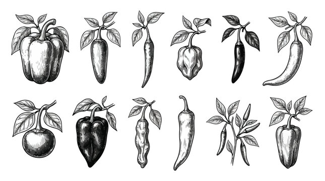 Vintage hand drawn chili pepper set, 12 engraved hot pepper icons, black and white vegetable sketches for restaurant menu and spice packaging