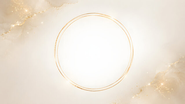 Luxury gold circle metallic frame with blank white center space and ivory marble golden foil watercolor background. generated by AI.