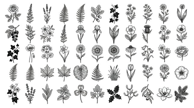 Vintage botanical line art collection, set of 50 hand drawn floral icons and wild flower illustrations, black ink garden plants and leaves vector