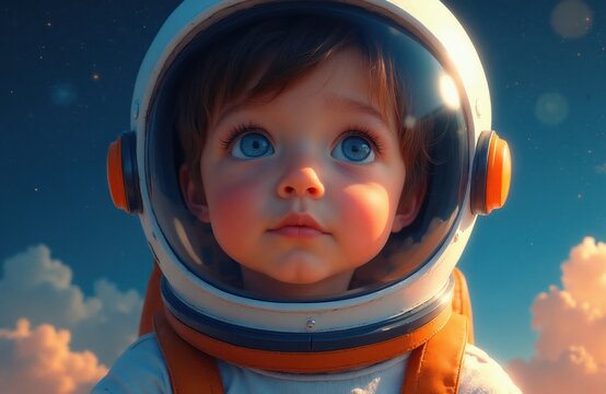 Young child wears astronaut helmet. Kid looks up towards stars and clouds, dreaming of space travel. Future explorer imagines universe exploration and cosmic adventure.