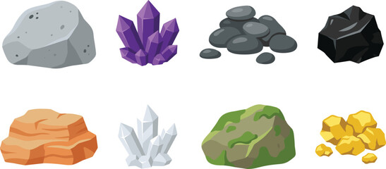 Rock and Mineral Vector Icon Set with Grey Boulder, Amethyst Crystal, River Pebbles, Charcoal Coal, Desert Stone, Quartz, Mossy Rock, and Gold Nuggets © Rownok