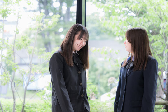 笑顔で会話を楽しむ女子高校生2人　休み時間や放課後の学校生活・友人とのコミュニケーション、青春のイメージ