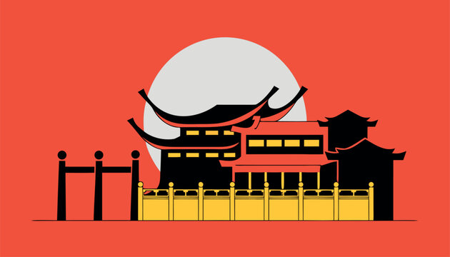 Minimalist of a traditional chinese temple building with a large grey sun behind it on a vibrant orange background, flat style