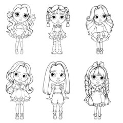 Cute fashion dolls character coloring book page set
