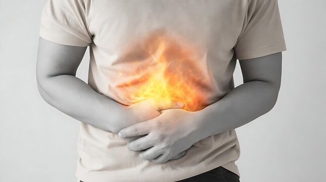 Man suffering from severe stomach pain and indigestion with indigestion
