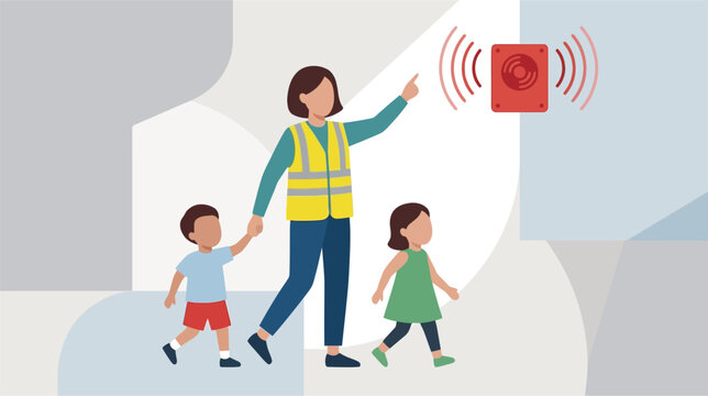 Classroom emergency drill procedure vector illustration depicting school students and a teacher following safety protocols during a fire or earthquake practice session in a classroom.