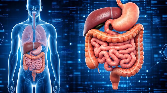 Human internal organs anatomy featuring liver stomach and intestines, digestive