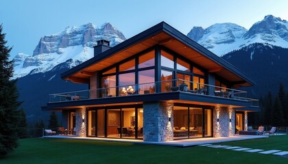 Obraz premium Modern chalet villa sits under snowy mountain peaks. Luxury house with glass walls timber beams, stone foundation stands in evening light. Contemporary residence features large balcony terraces for