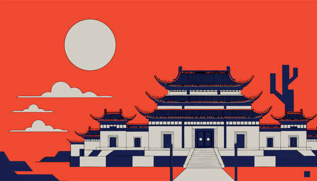 Traditional chinese temple architecture with a large moon and clouds in a flat style on a vibrant orange background