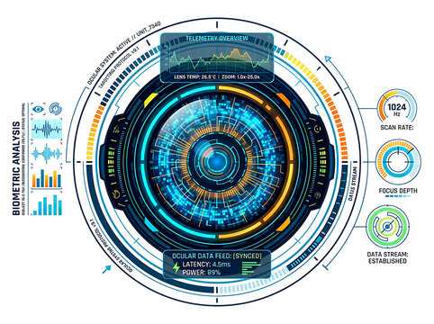 Cybernetic eye interface with telemetry data digital illustration vector technology