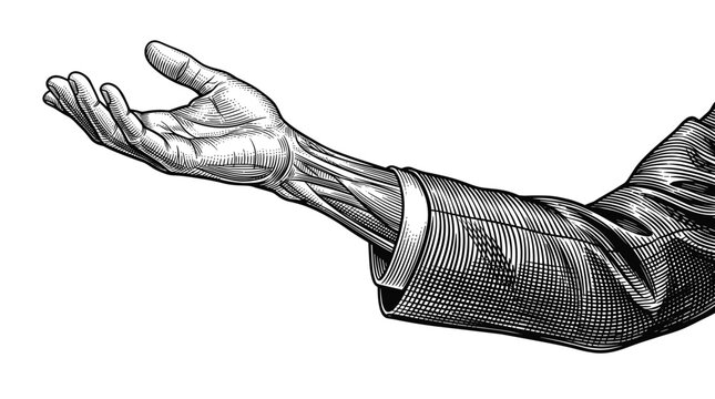 A vintage monochrome human arm and hand gesture, detailed anatomical illustration in engraved style for medical textbooks.