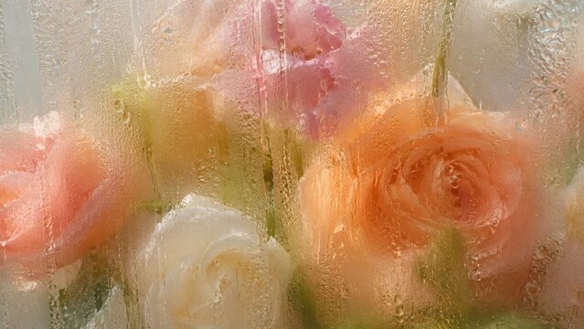Peach roses and blush blossoms soften behind misted glass in a tender artistic floral study with warm light, translucent layers, tactile depth and quiet romance, as a concept of the glass ceiling.